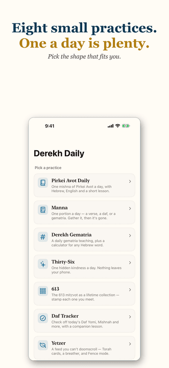 Derekh Daily: Eight small practices. One a day is plenty.